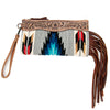 ADBG344 American Darling Hand Tooled Western Leather Wristlet Bag with Fringes and Woven Saddle Blanket