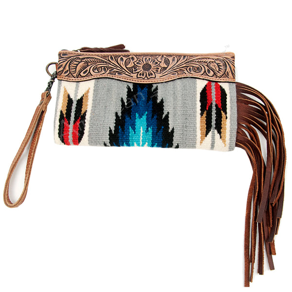 ADBG344 American Darling Hand Tooled Western Leather Wristlet Bag with Fringes and Woven Saddle Blanket