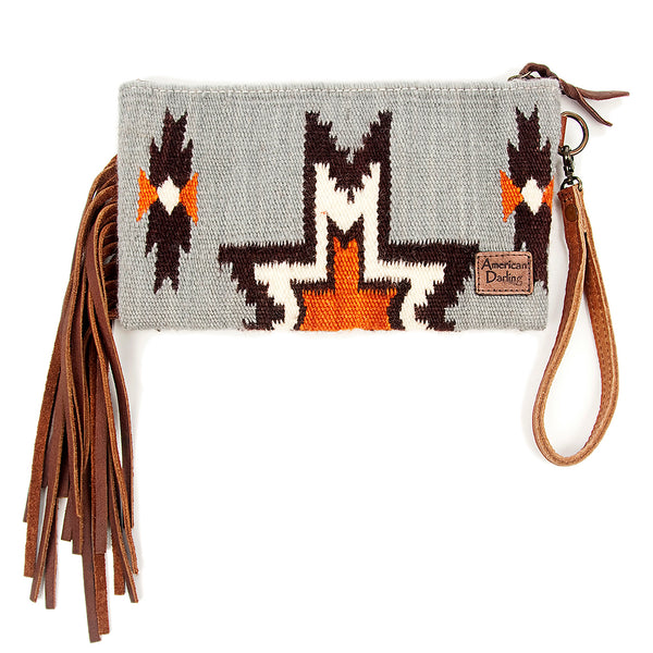 ADBG344 American Darling Hand Tooled Western Leather Wristlet Bag with Fringes and Woven Saddle Blanket