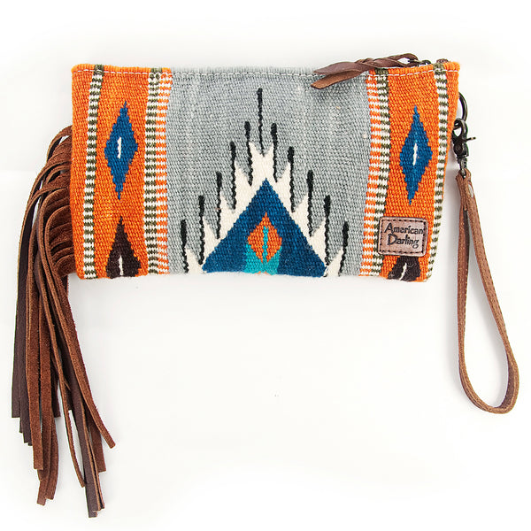 ADBG344 American Darling Hand Tooled Western Leather Wristlet Bag with Fringes and Woven Saddle Blanket