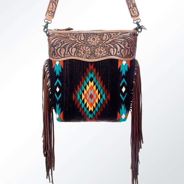 ADBG510 Tooled Leather & Saddle Blanket Crossbody Bag Belle Western Fringe Purse by American Darling