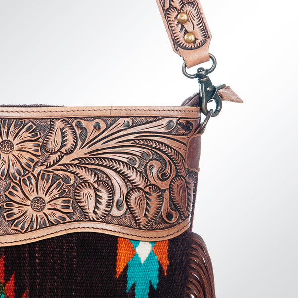 ADBG510 Tooled Leather & Saddle Blanket Crossbody Bag Belle Western Fringe Purse by American Darling