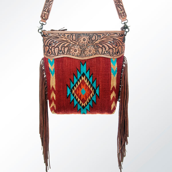 ADBG510 Tooled Leather & Saddle Blanket Crossbody Bag Belle Western Fringe Purse by American Darling