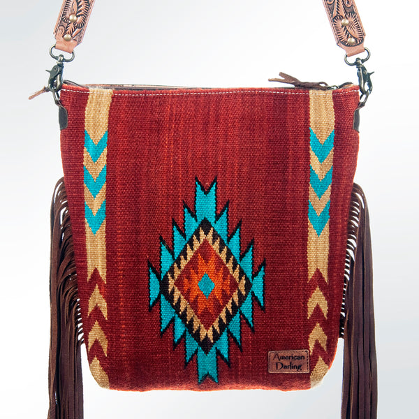 ADBG510 Tooled Leather & Saddle Blanket Crossbody Bag Belle Western Fringe Purse by American Darling