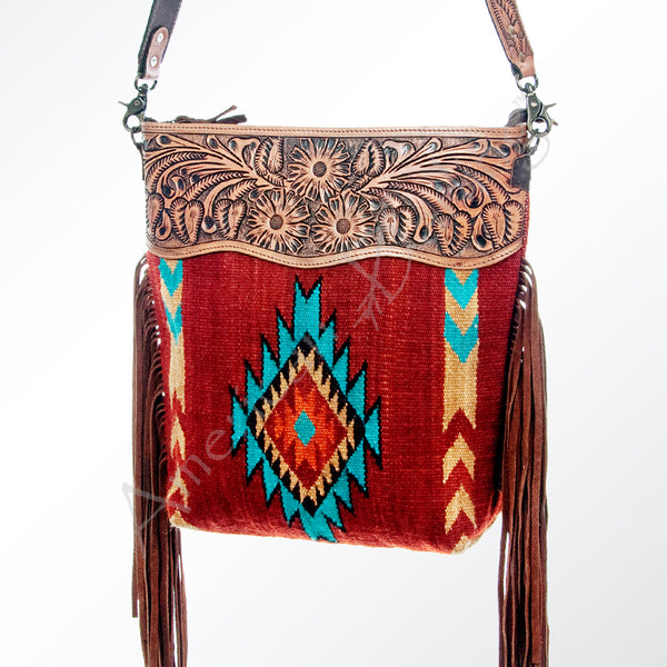 ADBG510 Tooled Leather & Saddle Blanket Crossbody Bag Belle Western Fringe Purse by American Darling