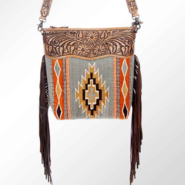 ADBG510 Tooled Leather & Saddle Blanket Crossbody Bag Belle Western Fringe Purse by American Darling