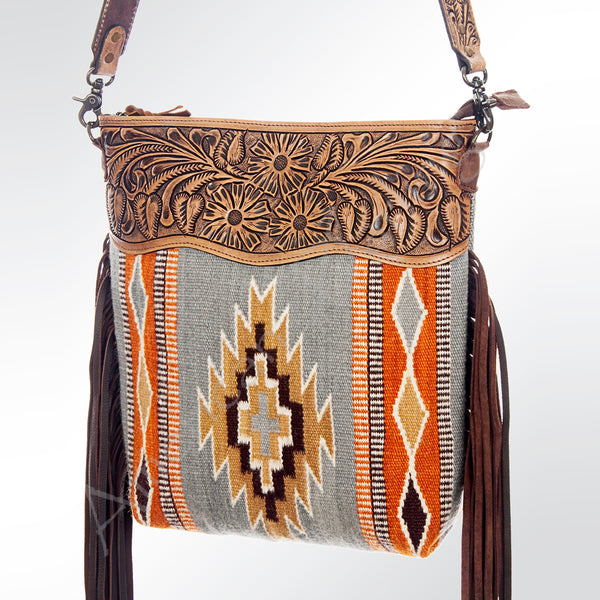 ADBG510 Tooled Leather & Saddle Blanket Crossbody Bag Belle Western Fringe Purse by American Darling