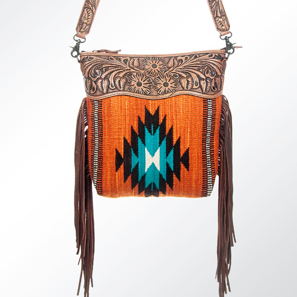 ADBG510 Tooled Leather & Saddle Blanket Crossbody Bag Belle Western Fringe Purse by American Darling