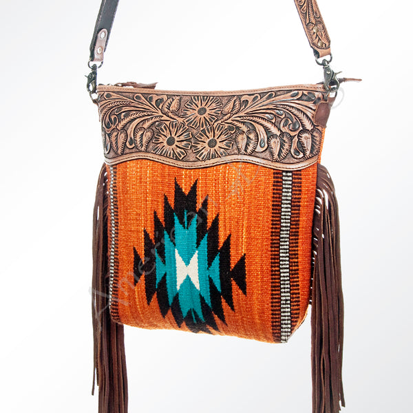 ADBG510 Tooled Leather & Saddle Blanket Crossbody Bag Belle Western Fringe Purse by American Darling