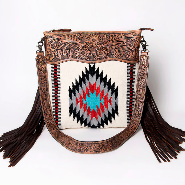 ADBG510 American Darling Tooled Leather & Saddle Blanket Crossbody Bag - Western Fringe Purse