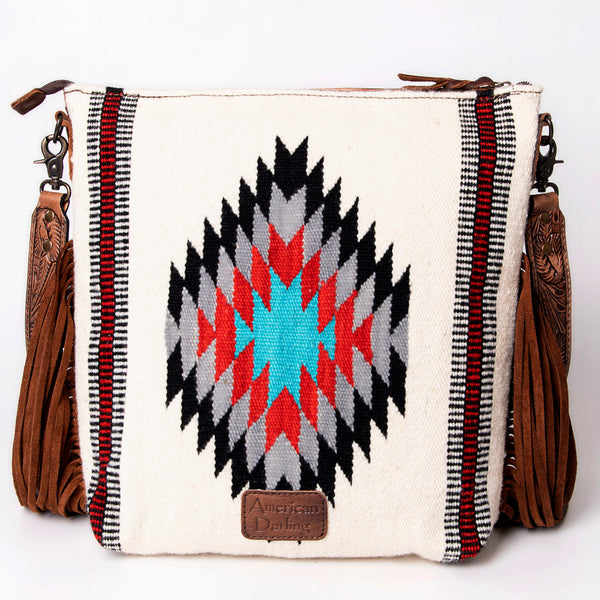 ADBG510 American Darling Tooled Leather & Saddle Blanket Crossbody Bag - Western Fringe Purse