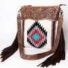 ADBG510 American Darling Tooled Leather & Saddle Blanket Crossbody Bag - Western Fringe Purse