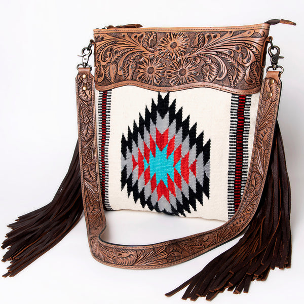ADBG510 American Darling Tooled Leather & Saddle Blanket Crossbody Bag - Western Fringe Purse