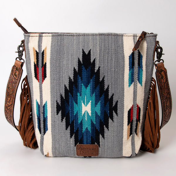 ADBG510 American Darling Tooled Leather & Saddle Blanket Crossbody Bag - Western Fringe Purse