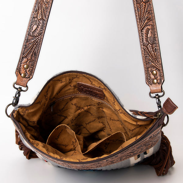 ADBG510 American Darling Tooled Leather & Saddle Blanket Crossbody Bag - Western Fringe Purse