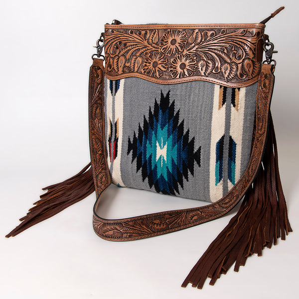 ADBG510 American Darling Tooled Leather & Saddle Blanket Crossbody Bag - Western Fringe Purse