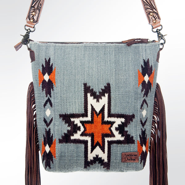 ADBG510 American Darling Tooled Leather & Saddle Blanket Crossbody Bag - Western Fringe Purse