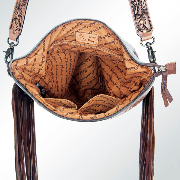 ADBG510 American Darling Tooled Leather & Saddle Blanket Crossbody Bag - Western Fringe Purse