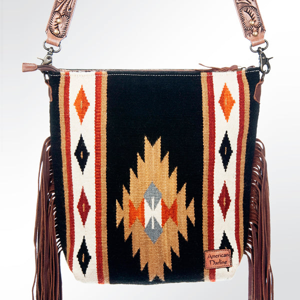 ADBG510 Tooled Leather & Saddle Blanket Crossbody Bag Belle Western Fringe Purse by American Darling