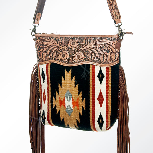 ADBG510 Tooled Leather & Saddle Blanket Crossbody Bag Belle Western Fringe Purse by American Darling
