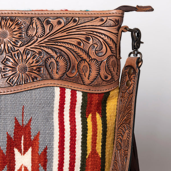 ADBG510 Tooled Leather & Saddle Blanket Crossbody Bag Belle Western Fringe Purse by American Darling