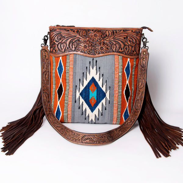 ADBG510 Tooled Leather & Saddle Blanket Crossbody Bag Belle Western Fringe Purse by American Darling