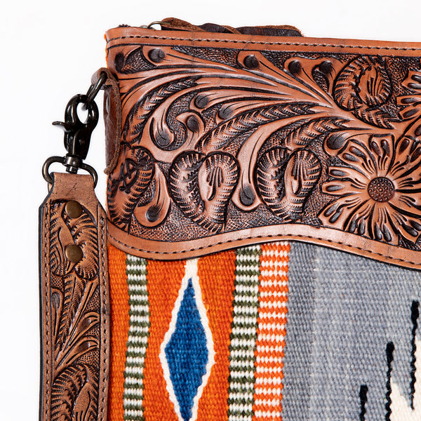 ADBG510 Tooled Leather & Saddle Blanket Crossbody Bag Belle Western Fringe Purse by American Darling