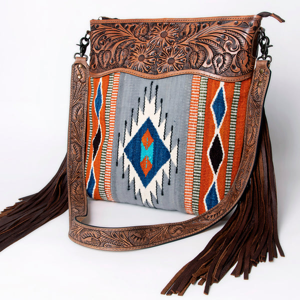 ADBG510 American Darling Cross body Bag - Hand Tooled Floral Leather & Woven Saddle Blanket
