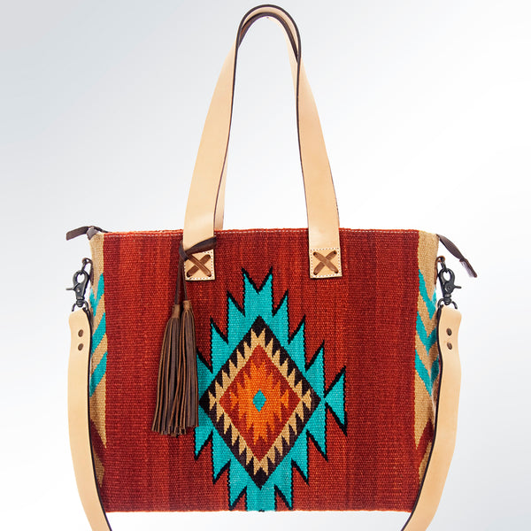 ADBG573 Southwestern Wool Tote with Geometric Pattern Natural Leather Straps & Tassel