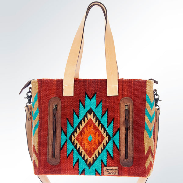 ADBG573 Southwestern Wool Tote with Geometric Pattern Natural Leather Straps & Tassel