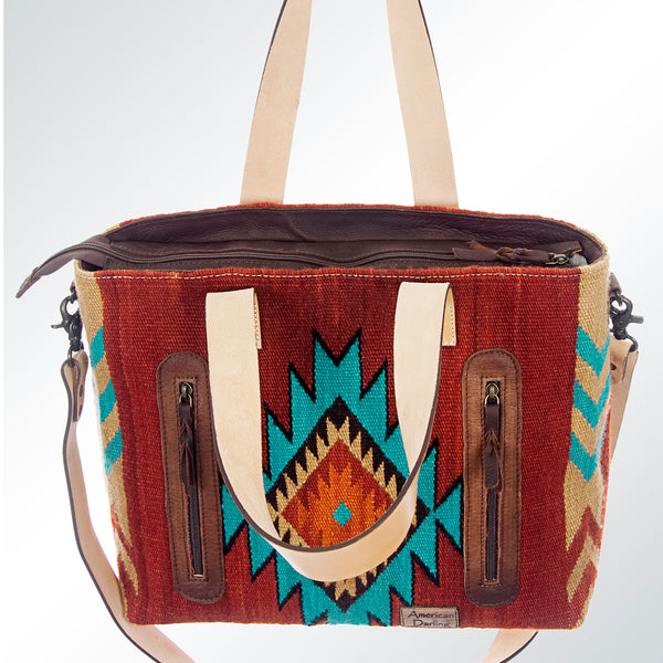 ADBG573 Southwestern Wool Tote with Geometric Pattern Natural Leather Straps & Tassel