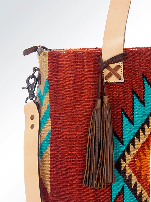 ADBG573 Southwestern Wool Tote with Geometric Pattern Natural Leather Straps & Tassel