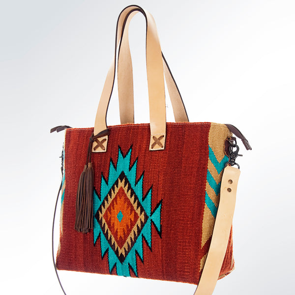 ADBG573 Southwestern Wool Tote with Geometric Pattern Natural Leather Straps & Tassel