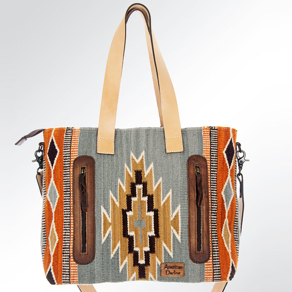 ADBG573 Southwestern Wool Tote with Geometric Pattern Natural Leather Straps & Tassel