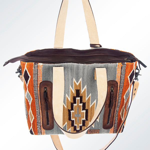 ADBG573 Southwestern Wool Tote with Geometric Pattern Natural Leather Straps & Tassel