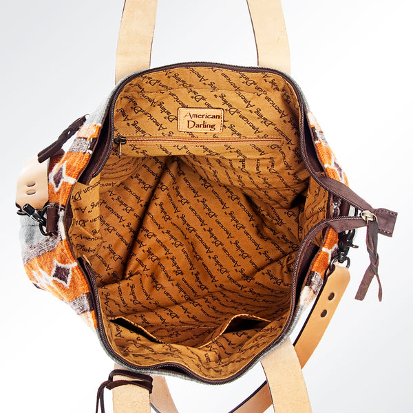 ADBG573 Southwestern Wool Tote with Geometric Pattern Natural Leather Straps & Tassel
