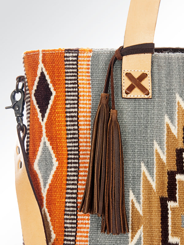 ADBG573 Southwestern Wool Tote with Geometric Pattern Natural Leather Straps & Tassel