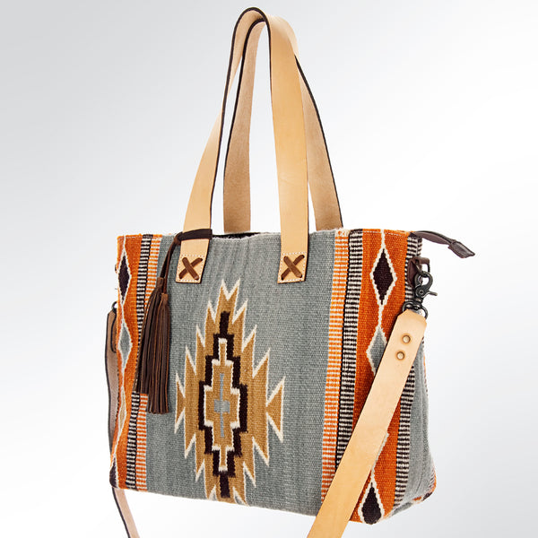 ADBG573 Southwestern Wool Tote with Geometric Pattern Natural Leather Straps & Tassel