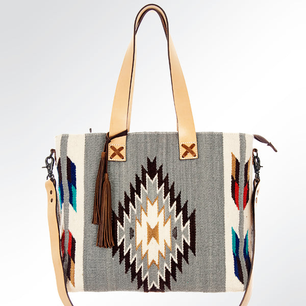 ADBG573 Southwestern Wool Tote with Geometric Pattern Natural Leather Straps & Tassel