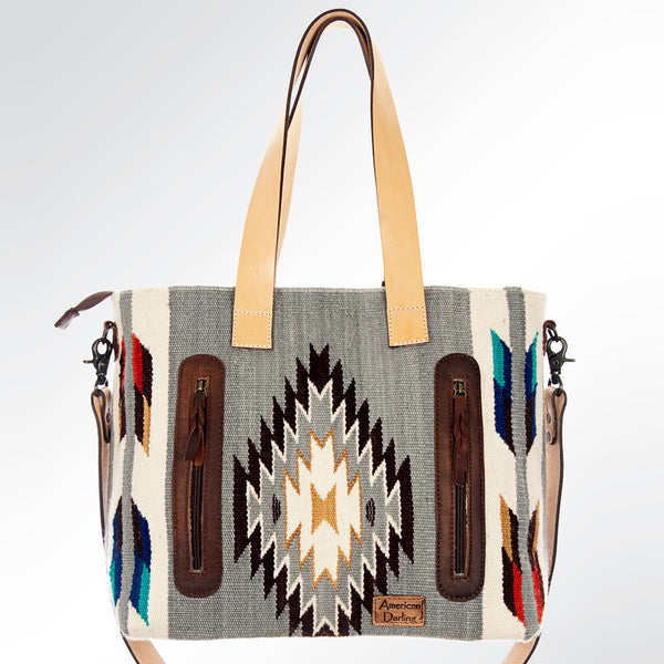 ADBG573 Southwestern Wool Tote with Geometric Pattern Natural Leather Straps & Tassel
