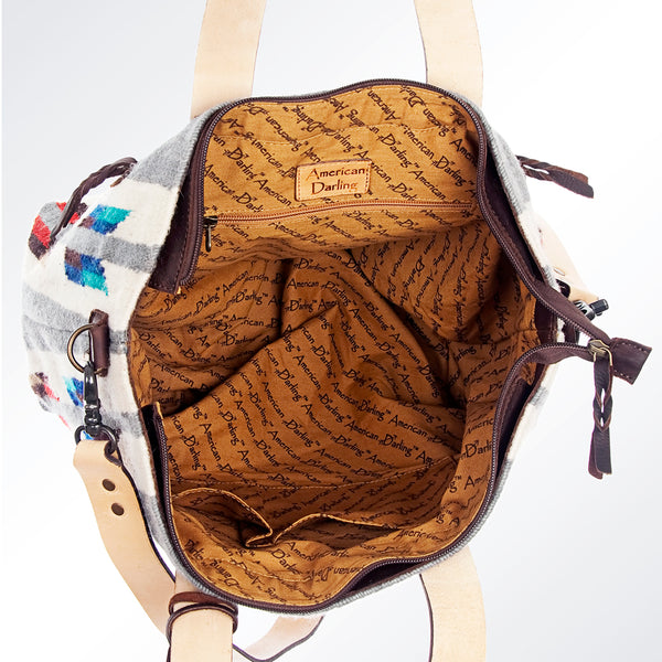 ADBG573 Southwestern Wool Tote with Geometric Pattern Natural Leather Straps & Tassel