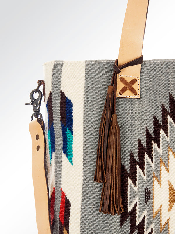 ADBG573 Southwestern Wool Tote with Geometric Pattern Natural Leather Straps & Tassel