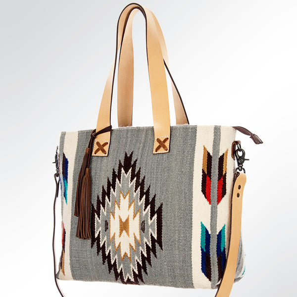 ADBG573 Southwestern Wool Tote with Geometric Pattern Natural Leather Straps & Tassel