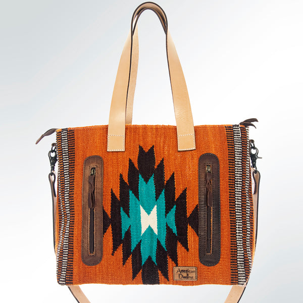 ADBG573 Southwestern Wool Tote with Geometric Pattern Natural Leather Straps & Tassel