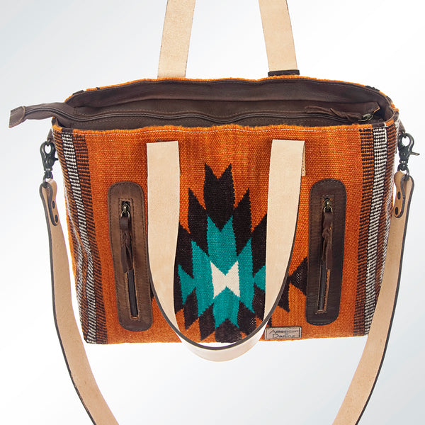 ADBG573 Southwestern Wool Tote with Geometric Pattern Natural Leather Straps & Tassel