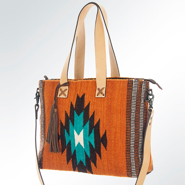 ADBG573 Southwestern Wool Tote with Geometric Pattern Natural Leather Straps & Tassel