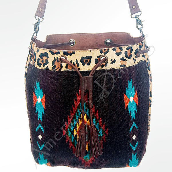 ADBG574 American Darling Southwestern Wool Bucket Bag Drawstring Tote with Leather Strap