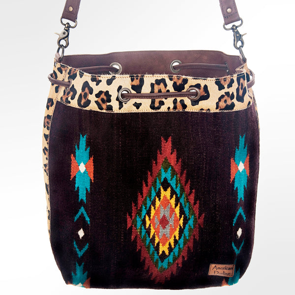 ADBG574 American Darling Southwestern Wool Bucket Bag Drawstring Tote with Leather Strap