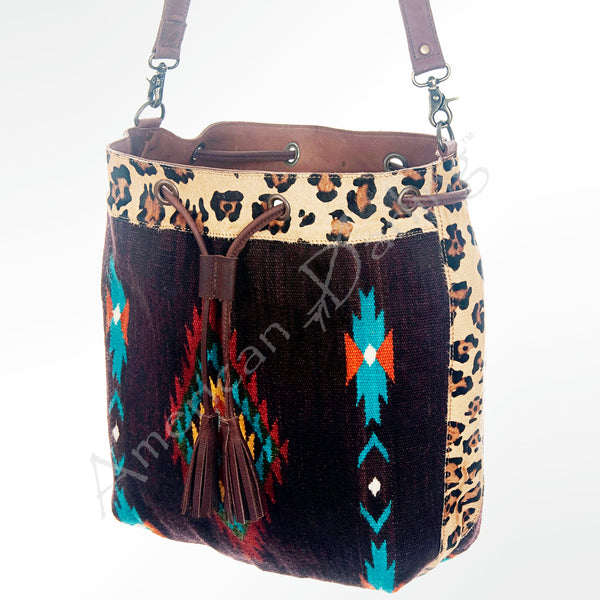 ADBG574 American Darling Southwestern Wool Bucket Bag Drawstring Tote with Leather Strap