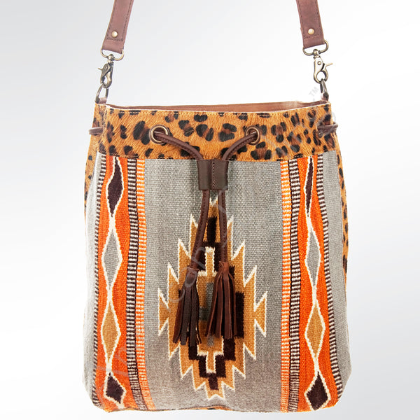 ADBG574 American Darling Aztec Woven Saddle Blanket & Leopard Cowhide Boho Bucket Bag